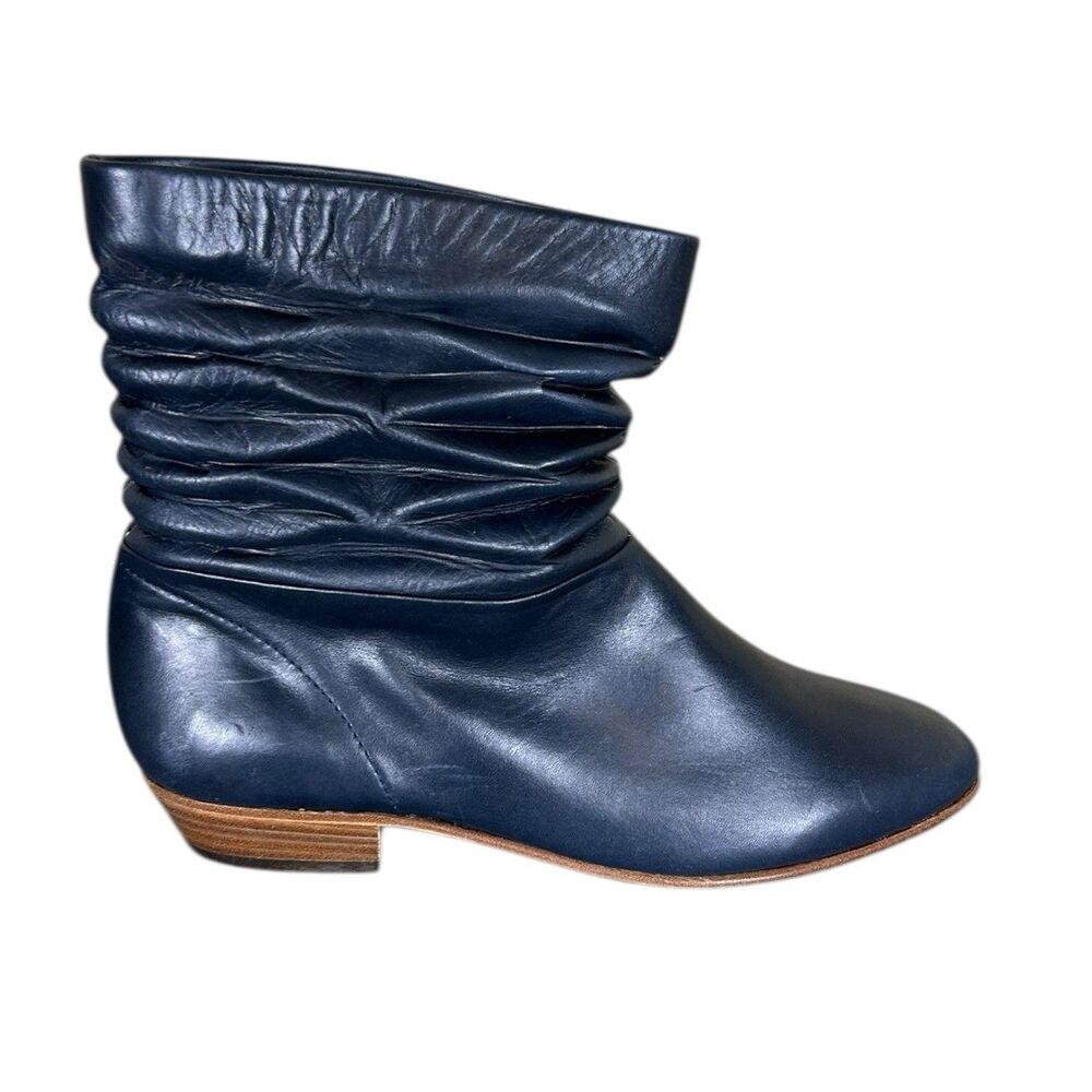 Mary Popps VTG Blue Leather Slouch Boots Booties Sz 36 / 5.5 Made In Italy